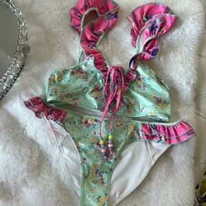 LoveShackFancy Floral Bikini in Pink and Green